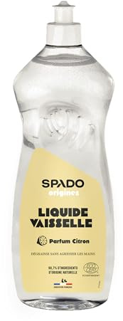 SPADO Origines - Liquide vaisselle - Nettoie, dégraisse et fait briller - 98,7% d’ingrédients d’origine naturelle - Protège les mains - Parfum naturel citron - ECOCERT - 1 L - Fabrication française
