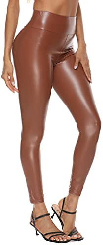 Jungerhouse Legging Long Taille Haute Simili Cuir Sexy Femme Pantalon (M, Marron)