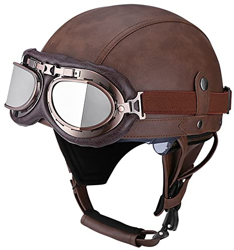 BDTOT Retro Motorrad Halbhelme Leder Halbhelm Deutscher Stil Roller Cruiser Chopper Anti-Collision Helm Abnehmbarer Gehörschutz mit Visier ECE Zertifiziert Roller-Helm Scooter Mofa-Helm, M=57~58cm