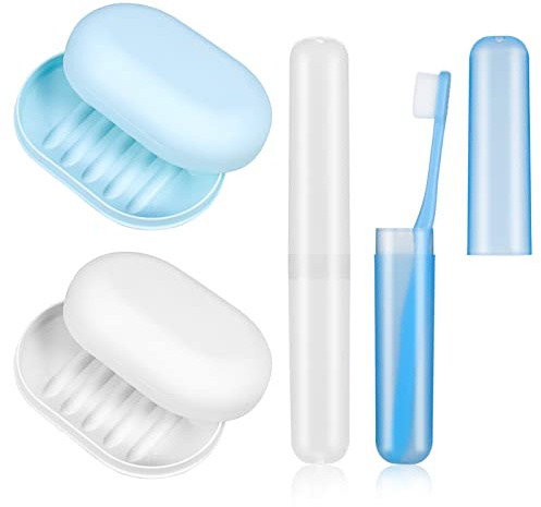 Cerolopy 2pcs Soap Box Travel & 2pcs Toothbrush Case Set, Plastic Travel Soap Dish With Lid Soap Container Soap Bar Holder For Home,travel,camping