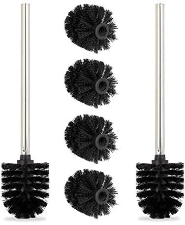 Relaxdays Toilettenbürste, 2er Set, WC-Bürste, inkl. 4 Ersatzbürstenköpfe, Klobürste Edelstahl, HxD 35 x 8 cm, schwarz