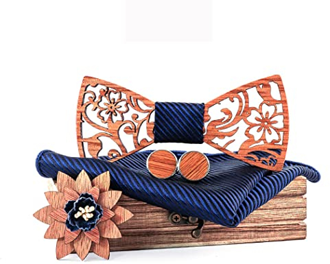 RQPYQF Ensemble de 4 Pièces Noeud Papillon en Bois, Boutons de Manchette, Broche et Carré de Poche - Fait Main, Accessoire Mode (Style#15)
