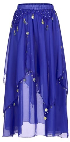 Alvivi Femme Jupe De Danse Orientale Jupe De Danse du Ventre en Mousseline De Soie Jupette Longue Tenue Compétition Performance Bleu Royal Taille Unique