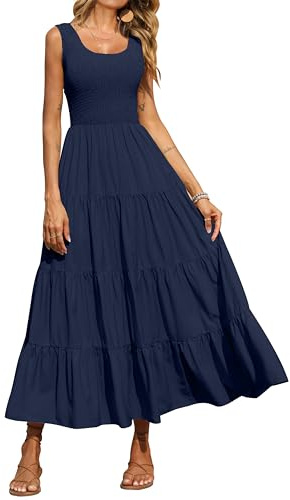 PRETTYGARDEN Smocked Tank Top Flowy Maxi Dresses for Women 2026 with Pockets Crew Neck Spring Sleeveless Tiered Long Dress (Navy,Medium)