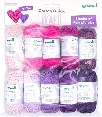 Gründl Laine Cotton Quick Mini Shades - laine fine pour crocheter de petites figurines – brillante et respectueuse de la peau - 100% coton - 10 mini-pelotes 15 g / 37 m – taille d’aiguille 3–4rose