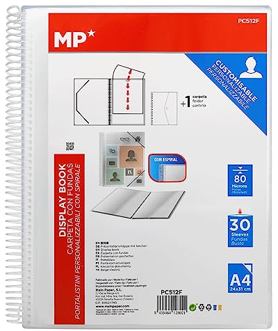 MP - Raccoglitore a Spirale, Manicotti in Plastica, 30 Manicotti Trasparenti A4, 24x31 cm, Gommati, Copertina Personalizzabile, Organizer Accademico, per Ufficio, per Documenti e/o Archivi.