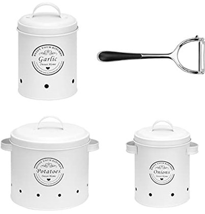 YLWX Eisen Home Gemüse Vorratsdosen Knoblauch Aufbewahrung Zwiebeltopf, Knoblauch-dose (Color : Weiß, Size : Set)