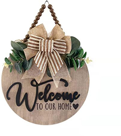 Condorpasea 3D Welcome Sign for Front Door | Home/Farmhouse Porch Décor Wooden Hanging Sign with Artificial Leaves and Rustic Beads | Christmas Classroom |12 Round