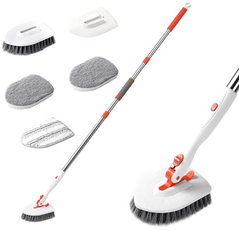 Schrubber mit Stiel Reinigungsbürste Bad,4 In 1 Scrubber Dusche Reinigungsbürste mit Austauschbarer Bürstenkopf,Dusche Bad Bodenschrubber für Badezimmer Fliesen,Badewanne,Glas Baseboard (03)