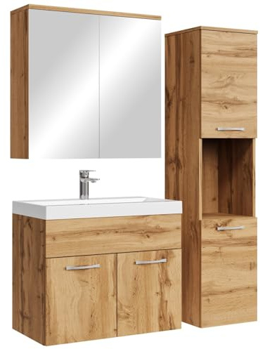 Badplaats Badmöbel Komplettset Montreal 60 x 35 cm Eiche - Badezimmermöbel mit Waschbecken, Spiegelschrank und Badezimmerschrank