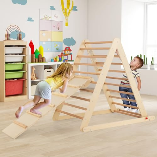 GOPLUS Triángulo de Escalada para Niños con Tobogán para Trepar y Deslizarse, para Guardería o Casa, Capacidad de Carga 50 KG, para Niños de 3 Años+ (Natural)