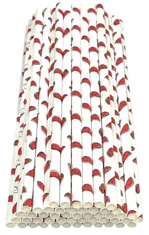 Haobase 50Pcs Paper Drinking Straws, Biodegradable Paper Straws for Drinking Cocktail, Coffee, Cold Drinks (Fruit Pattern) (Watermelon Pattern)