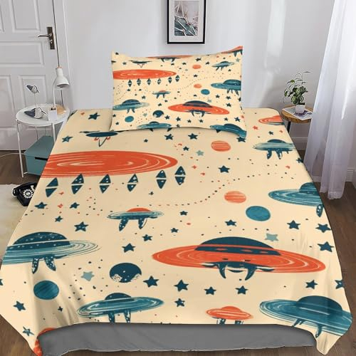 Platillo Volante cósmico para Dormitorio Funda De Edredón Funda Nórdica Impresión 3D DigitalSemplicità con Cremallera Microfibra Juego De Ropa De Cama Y Funda De Almohada 2 Piezas Single（135x200cm）