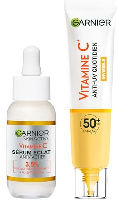 Garnier SkinActive Coffret Vitamine C Sérum Anti-Taches Fluide SPF50+ | Acide salicylique et niacinamide, Protection UV quotidienne SPF50+, Réduit taches brunes, Tous types de peau