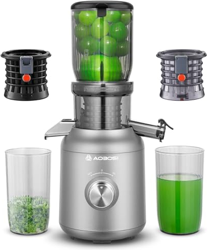 Extractor de zumos y verduras-AOBOSI 250W licuadora prensado en frio -Extractor de zumo con 103MM de diámetro y 2 filtros sin metal-1.2L Juicer con 2 patentes y protección térmica de 40 minutos, Gris.