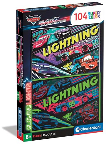 Clementoni Glowing Cars Kinder Puzzle 104 Teile - Cars Puzzle 37,9 x 26,9 cm cm für Kinder ab 6 Jahre - Geschicklichkeitsspiel von Clementoni 25758