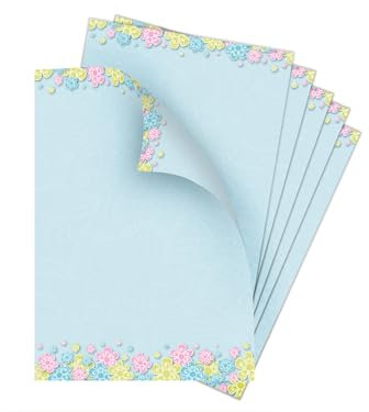 Briefpapier-Set 25 Motivpapier DIN A4 Motiv Blumen blau beidseitig von Hand beschreibbar und mit allen Druckern und Kopierern bedruckbar für Frühlingspost Ostern Taufe Kommunion Konfirmation Basteln