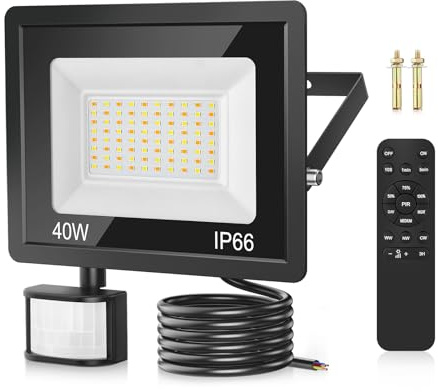 TailcasLED Security Lights Outdoor Motion Sensor 40W, 3 Colours 3600LM | PIR Motion Sensor Lights Outdoor with Remote Control, IP66 Waterproof Dimmable Security Light Floodlight for Backyard, Garden