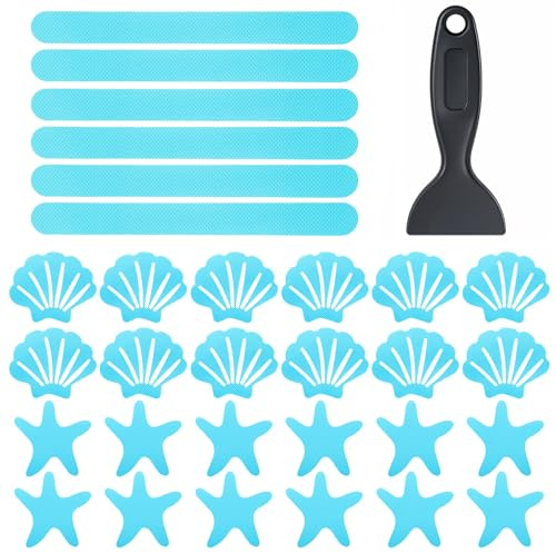 Qianyu 30 Pcs Original Bathtub Non Slip Stickers Set Shell Starfish Shaped Shower Adhesive Decals Stickers Anti Slip Safety Strips with Scraper for Bathroom Bath Tub Pool Ladders Treads
