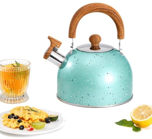 Stove Top Whistling Tea Kettle, Stainless Steel Teakettle Teapot Stainless Steel Water Teapot Boilers Stainless Steel Art Line Black Kettle (Green)
