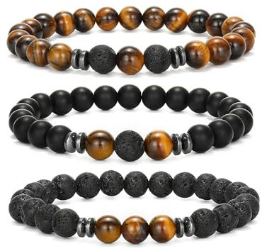 MUCCA 3 Pcs Men's Adjustable Stretch Bracelet - 8MM Natural Stone Bead Bracelet with Tigers Eye - Gifts for Teenagers