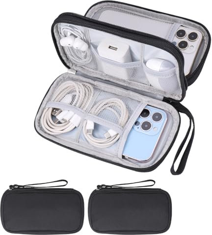 Huiguli 2 Stück Kabeltasche Elektronische Tasche, Tragbare Kabelorganizer, Doppelschicht Elektronik Organizer Tasche, Anti-Impact Elektronikzubehör Organizer für Ladekabel USB, Schwarz