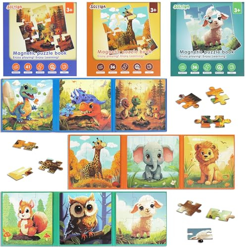 SOLTIRA Magnetpuzzle ab 3 Jahren,Dinosaurier und Tiere Kinderpuzzle 3 Sets | 3-in-1,BeschäFtigung für Kinder Alter 3-5 im Autofahrt,Flugzeug AktivitäTen,Giraffe,Elefant,Löw,Eichhörnchen,Eule und Lamm