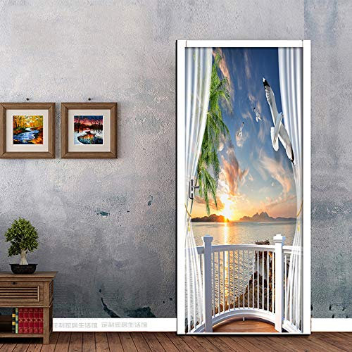 Türtapete selbstklebend TürPoster 3D Balkon Fenster Meerblick Türtapete Selbstklebend Fototapete Türfolie Poster Tapete Abnehmbar Wandtapete für Wohnzimmer Küche Schlafzimmer B100 x H200cm