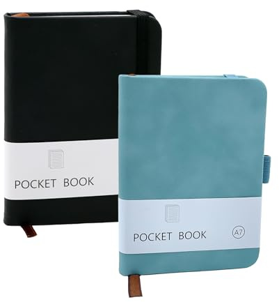 CiciIng 2 Stück Notizbuch Klein A7, Taschennotizbuch mit Gummizugverschluss, Mini Notizbücher mit Stifthalter, Taschen Journal Notizblock für Schule Büroarbeiten (Schwarz, Blue)
