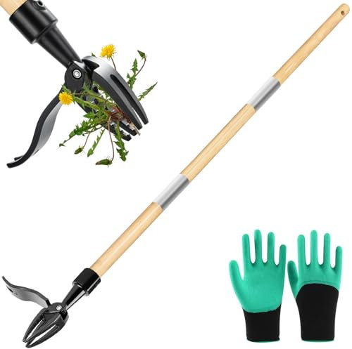 Raxfekro Fußbetätigtes Unkrautstecher, 110cm Aufrecht Stehender Unkrautentferner, Aluminium 4 Krallen Naturholz Griff Löwenzahnstecher