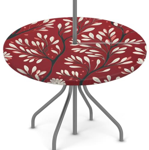 Woltant Tovaglia rotonda con foro per ombrellone e cerniera, facile da pulire, con bordi elastici, protezione per tavolo da esterno, per giardino, patio, barbecue (rami di foglie rosse)