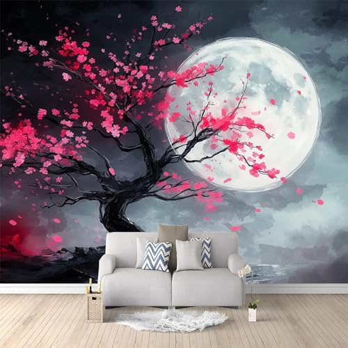 WHUOEUCO Carta Da Parati Effetto 3D Acquerello Dipinto Di Fiori Albero Luna 500x280 cm Fotomurali Non Tessuto, Decorazione Poster Arte Murale Moderna per Casa Ufficio Camera Da Letto Soggiorno