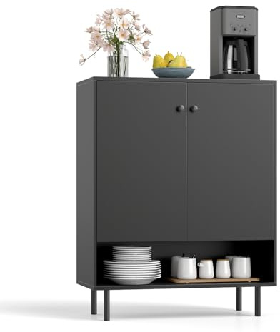 COSTWAY Sideboard Holz, Küchenschrank mit verstellbaren Ablagen & 2 Türen, Anrichteschrank Buffetschrank Kommode, Aufbewahrungsschrank für Esszimmer Wohnzimmer Küche, Modern, 75 x 35 x 95 cm (Schwarz)