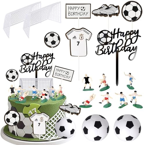 16 Pack Soccer Cupcake Toppers Glitter Soccer Ball Cupcake Picks Sport Happy Birthday Cake Decorations for Football Theme Party Baby Shower Kids Boys Men Birthday Party Favors Supplies