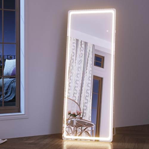 SONNI LED Ganzkörperspiegel 160x60 cm, 3 Farblicht dimmbar + Steckdose + Wandmontage/Standfuß (kippsicher) - Weißer Alurahmen Standspiegel mit Beleuchtung für Schlafzimmer