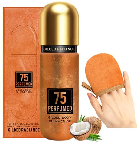 Body Glow Oil Shimmer Körperöl mit Handschuh-Applikator, Duftbronze, Luminizer Glow Bodys Glitteröle, langanhaltende feuchtigkeitsspendende Schimmer-Lotion, Feuchtigkeitscreme für Gesicht und Körper