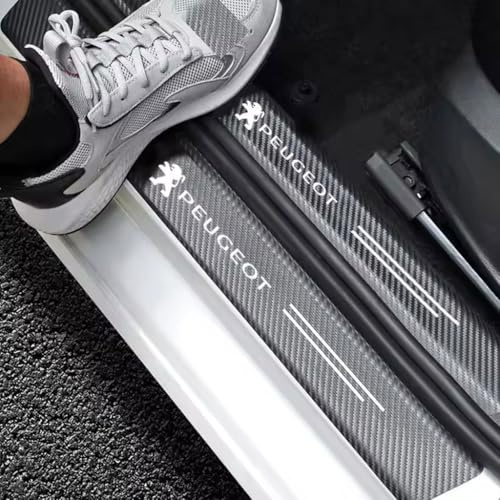 EULVGG 4 Pièces Protection Seuil de Porte Voiture pour Peugeot Avec Logo, Autocollant Barre de Seuil avec Effet Fibre de Carbone Plinthes pour Auto Protection Anti-Rayures