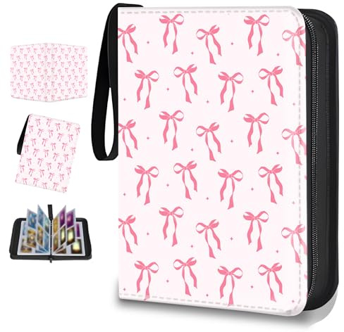 Card Binder for Girls Gifts 4 Pocket with 50 Sleeves 400 Cards Collectible Trading Binder Case Cute Album Holder Game sports collector supplier provides books、for MTG,TCG & Sport Cards(Cute pink bow)