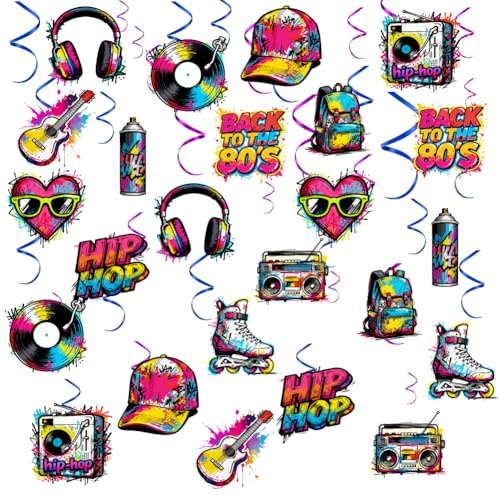 PRESSINART 24Pcs 12 Styles Hanging Ceiling Swirls 80s Party Ceiling Decorations Disc Guitar Hat Radio Pattern Plastic Paper Streamers for Throwback Birthday Neon Back to The 80s Party Decor Supplies