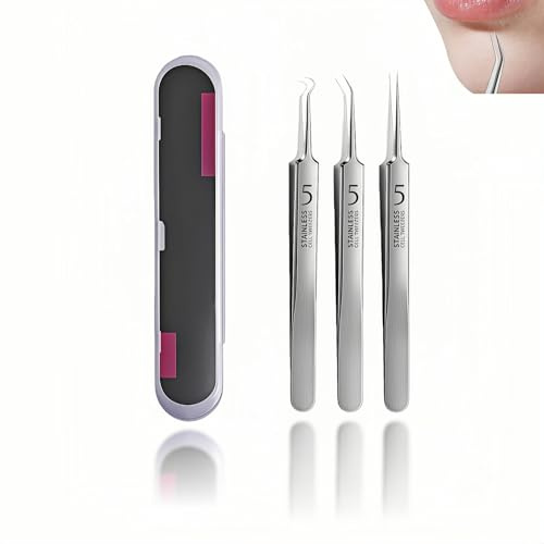 Set di pinzette professionali per la rimozione dei punti neri, in acciaio inox, con punte dritte, angolate e curve, set da 3 pezzi con custodia