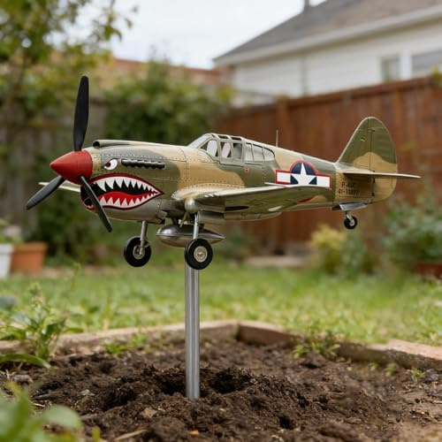 Générique Shark Mouth Warplane Garden Wind Spinner - Girouette d'avion en Métal pour L'extérieur, P40 Fighter 3D Wind Spinner pour La Décoration De La Cour Et du Jardin, Résistantes Aux Intempéries