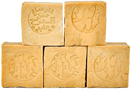 Carenesse Jabón de Alepo Paquete de 5 900-950 g, 85% de aceite de oliva y 15% de aceite de laurel, receta tradicional, cortada a mano, jabón natural, jabón de pelo barba piel manos afeitarse