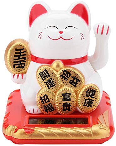 Fortune Lucky Wealth Welcoming Cat Lindo Gato con energía Solar con Brazo agitador decoración del Coche para exhibición del hogar (Gato de la Fortuna Blanco)