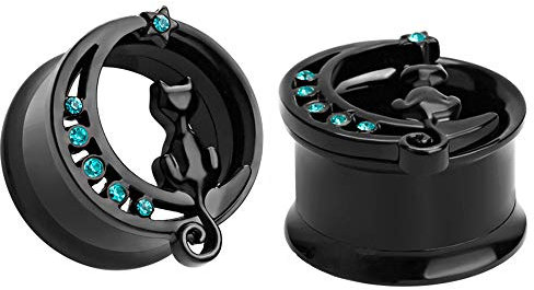 Huacan Flesh Tunnel 8mm-16mm Ohr Piercing Silber Schwarz Katze Anhänger Mit Klein Zirkon Mond Design Exquisiter Plugs Double Flared Außengewinde Expander Hochwertige Edelstahl Schmuck 2 Stück