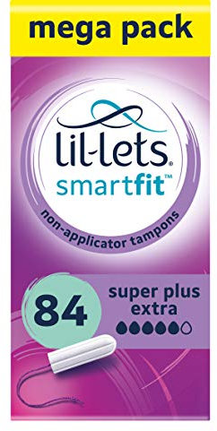 Lil-Lets Non-Applicator Super Plus Extra Tampons X 84, (6 Packs of 14 Tampons), For Very Heavy Flow, 5 Droplets, Plant-Based, SmartFit Non-App Tampon