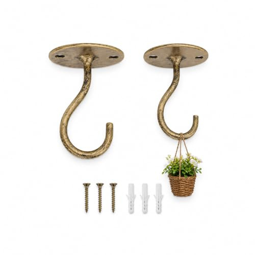 DOITOOL 2 Pack Ceiling Hooks for Hanging Plants, Bronze-Tone Metal Hooks | For Flower Baskets, Wind Chimes and Decorations, 8 cm High with 6.5 cm Three-Hole Mounting Plate