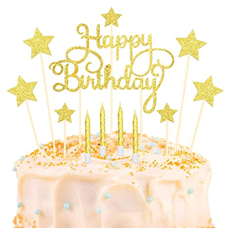 Lifreer Gold Happy Birthday Cake Topper, Stars Cupcake Topper | Matte Glitter Cake Decoration with Gold Stars Cake Candle for Party Anniversary Wedding