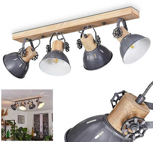 HOFSTEIN Deckenleuchte Orny, verstellbare Deckenlampe aus Metall/Holz in Grau/Weiß/Natur, Leuchte im Industrial/Retro/Vintage-Design, Lichteffekt, 4 x E27, Wohnzimmer, Esszimmer, Schlafzimmer, Küche