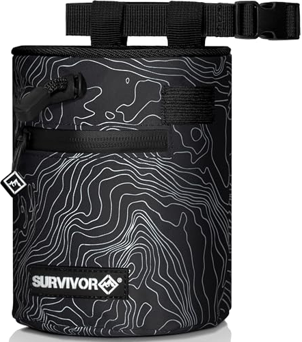 SURVIVOR Chalk Bag – Kordelzugverschluss, 2 Reißverschlusstaschen & Bürstenhalter – Chalk Bag zum Klettern, Bouldern, Gewichtheben (Black Topo)