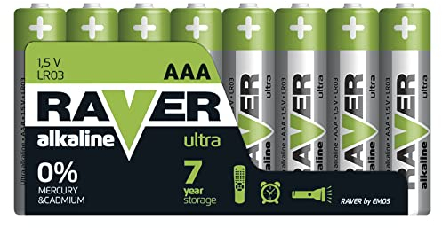 Raver by EMOS - Ultra Alkaline AAA Micro Batterien - 1,5V, LR03 - Betriebstemperatur -20°C bis +60°C - Max. Lagerfähigkeit 7 Jahre - Für Fernbedienungen, Uhren, Wecker - 8 Stück Vorratspack